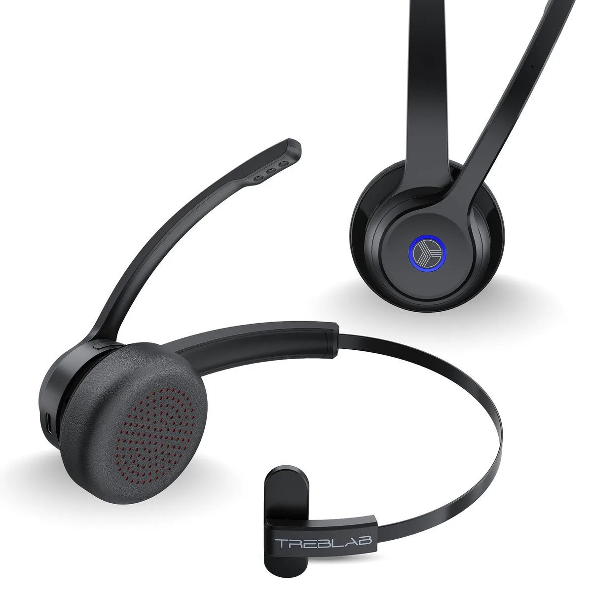 Single-ear Bluetooth headset with boom mic, matte black finish, memory foam ear cushion, adjustable headband, USB-C port
