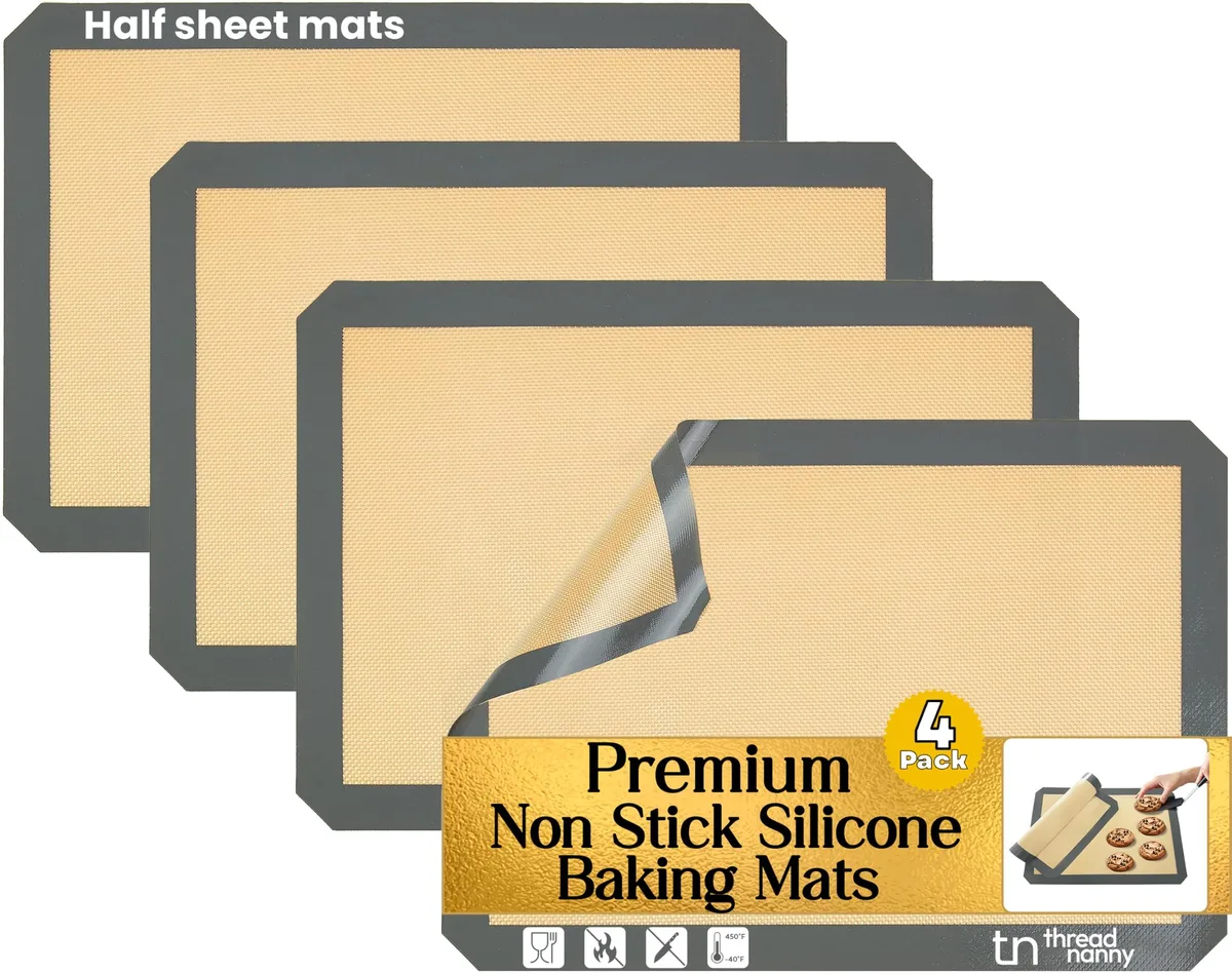 Four rectangular silicone baking mats in a stack, each 16.5 by 11.6 inches, light grey matte finish