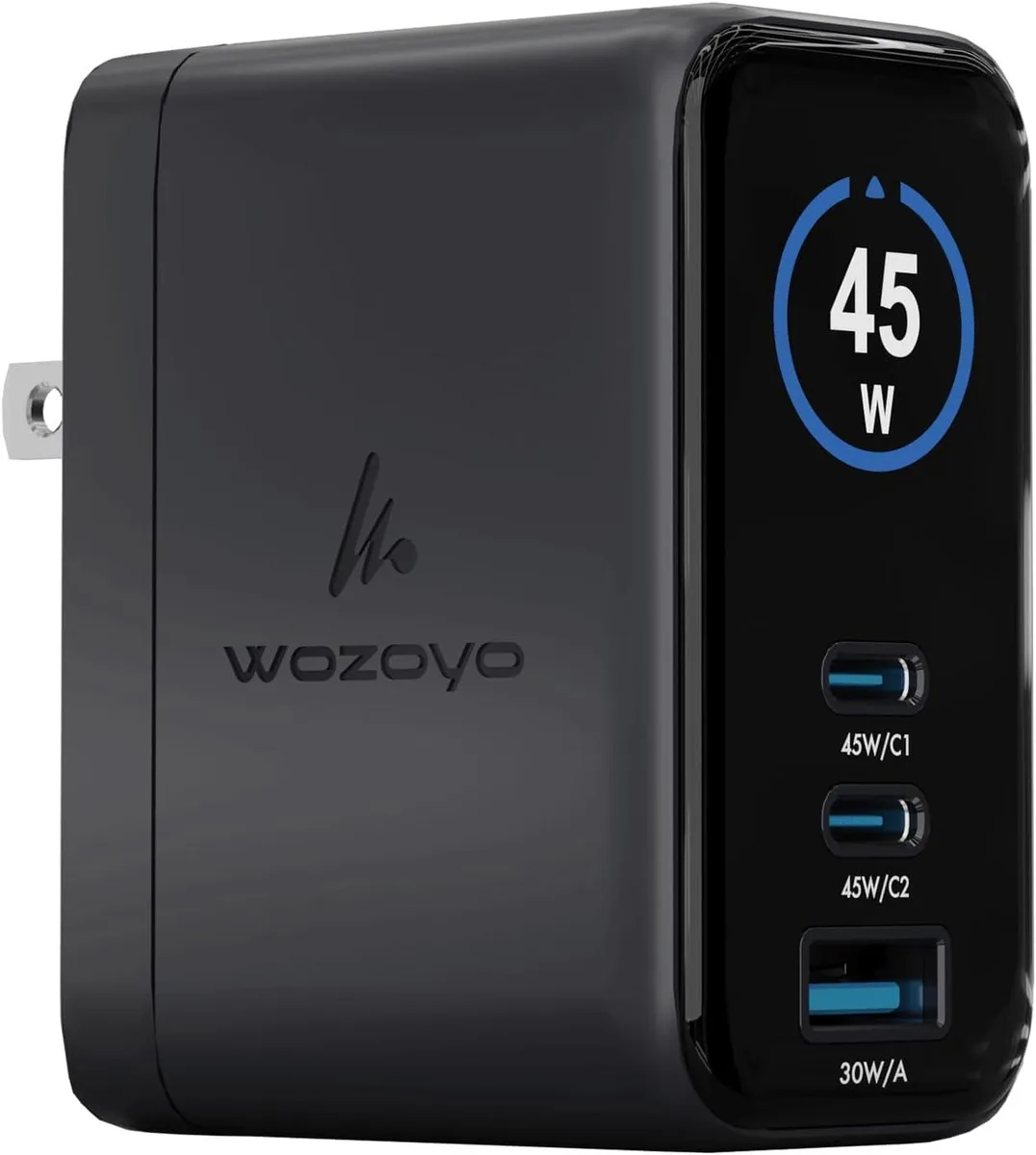 Compact white GaN charger with foldable plug, two USB-C ports, one USB-A port, and a small LED screen showing wattage