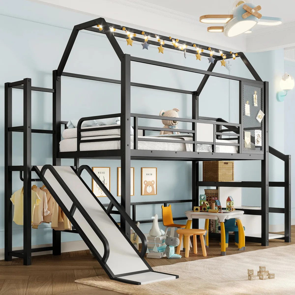 Black metal house-shaped loft bed with slide, stairs, guardrails and storage shelves