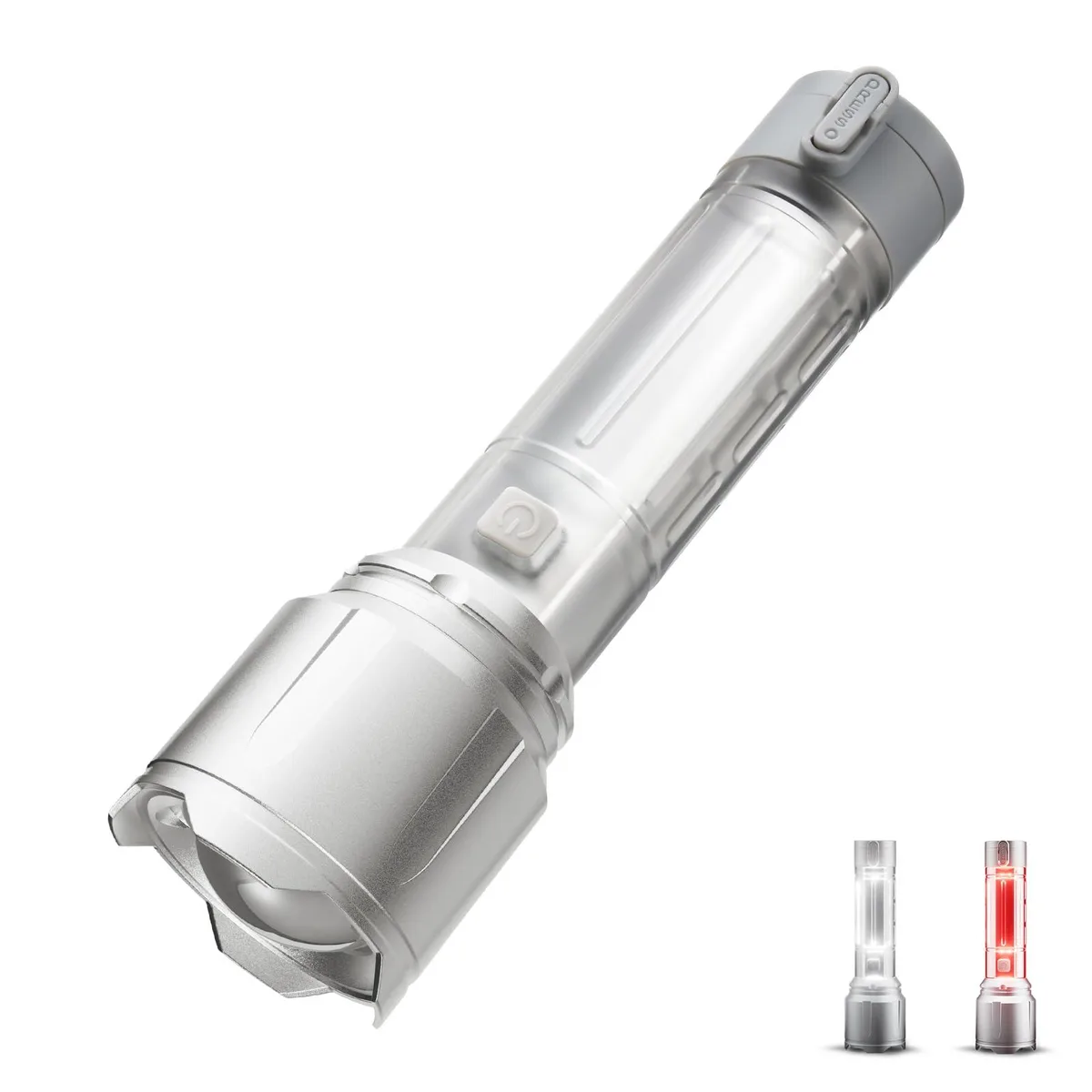 Black cylindrical flashlight with silver accents, telescopic head and side COB lantern panel