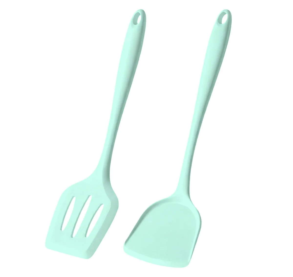 Two mint-green silicone spatulas, one solid and one slotted, seamless one-piece design with hanging holes