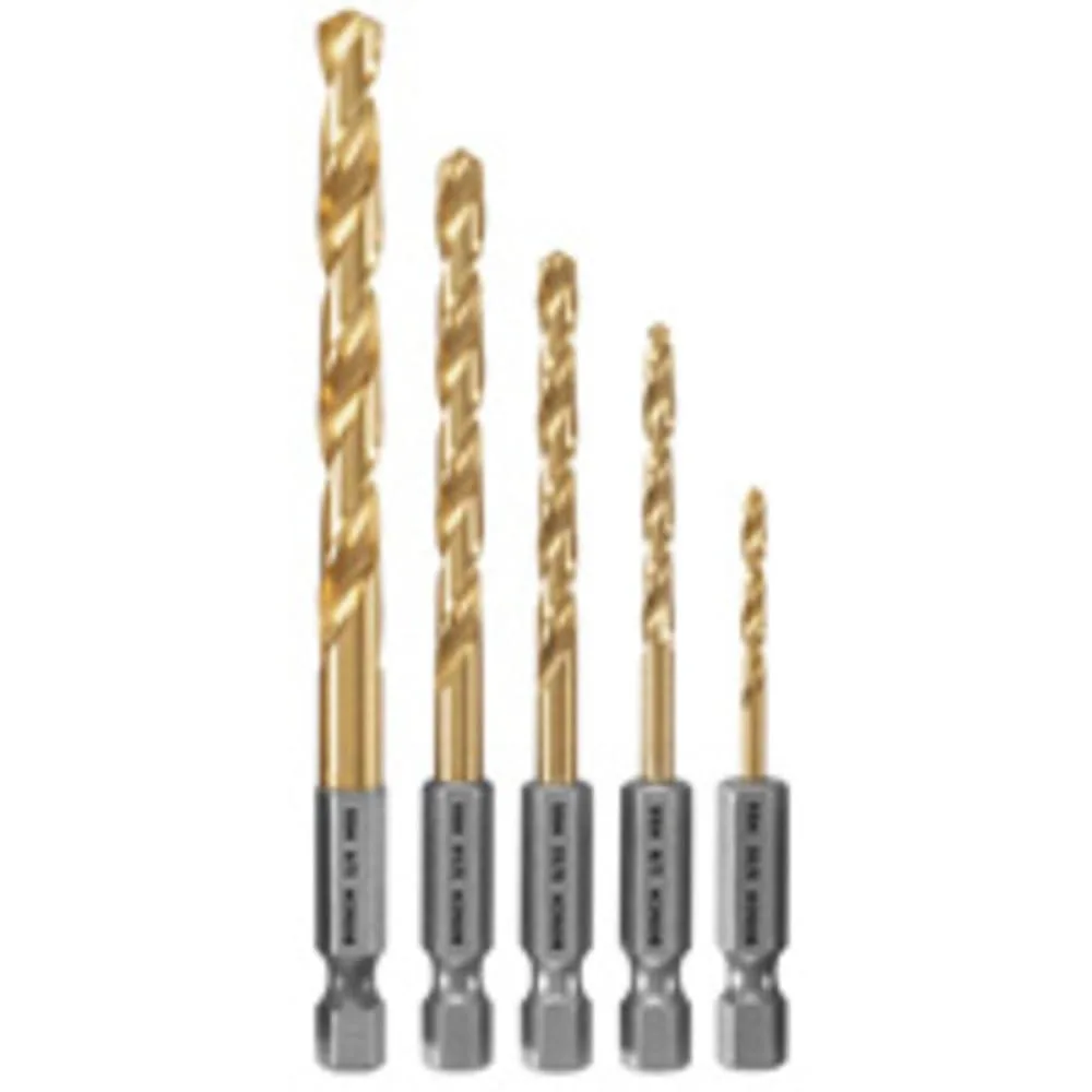 Five black titanium nitride drill bits in a rectangular case