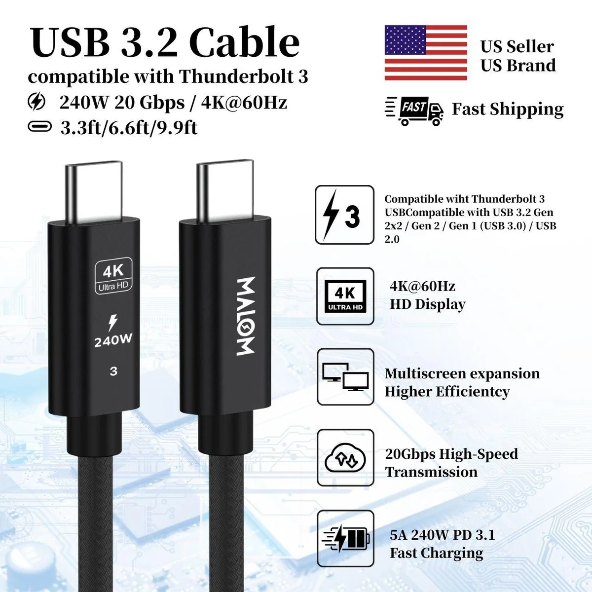 MALOM MALOM USB32CC240W USB C to USB C Cable 3.3 ft 240W 20Gbps 4K60 Black — product photo