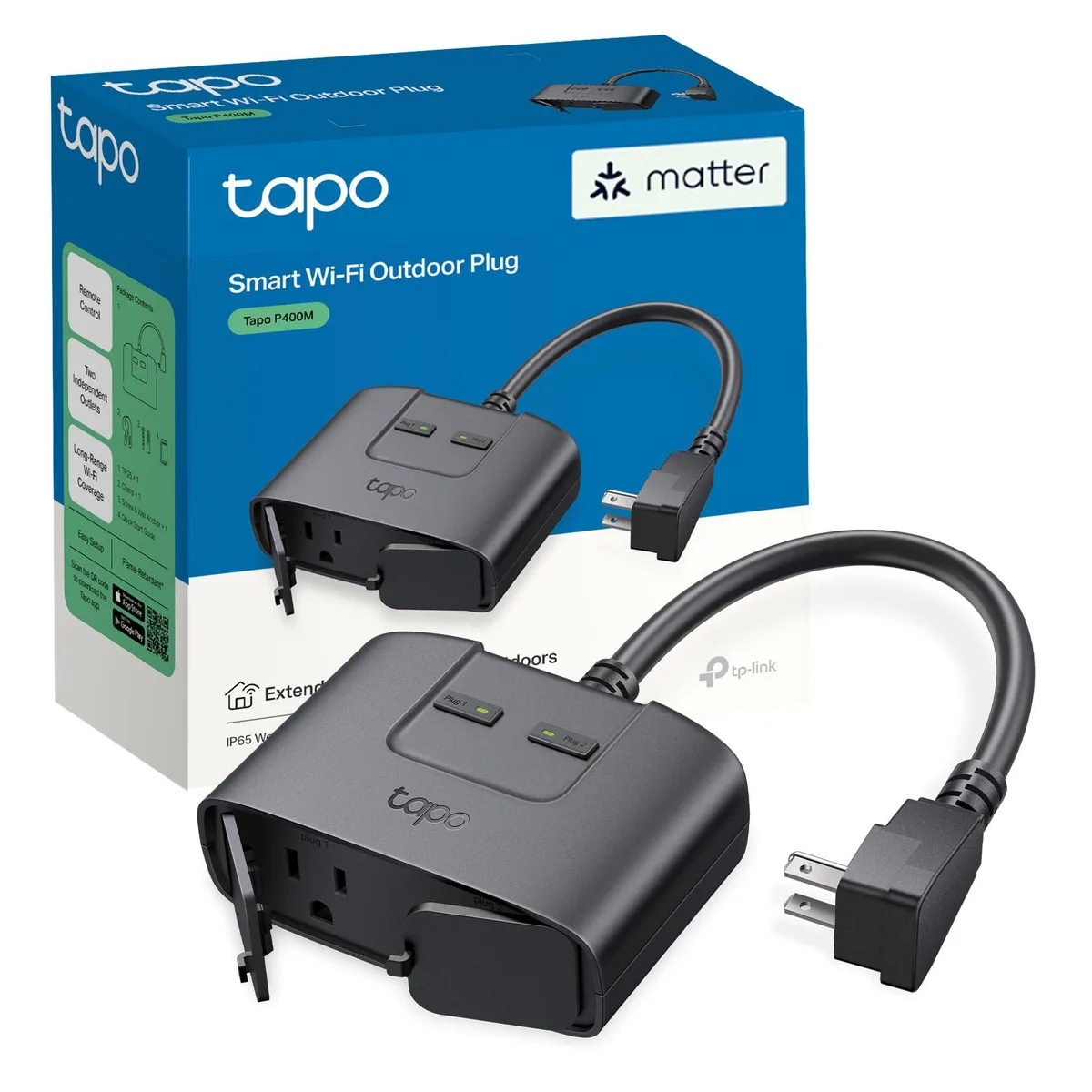  TP-Link Tapo P400M Matter Outdoor Smart Plug 2 Outlets IP65 — product photo