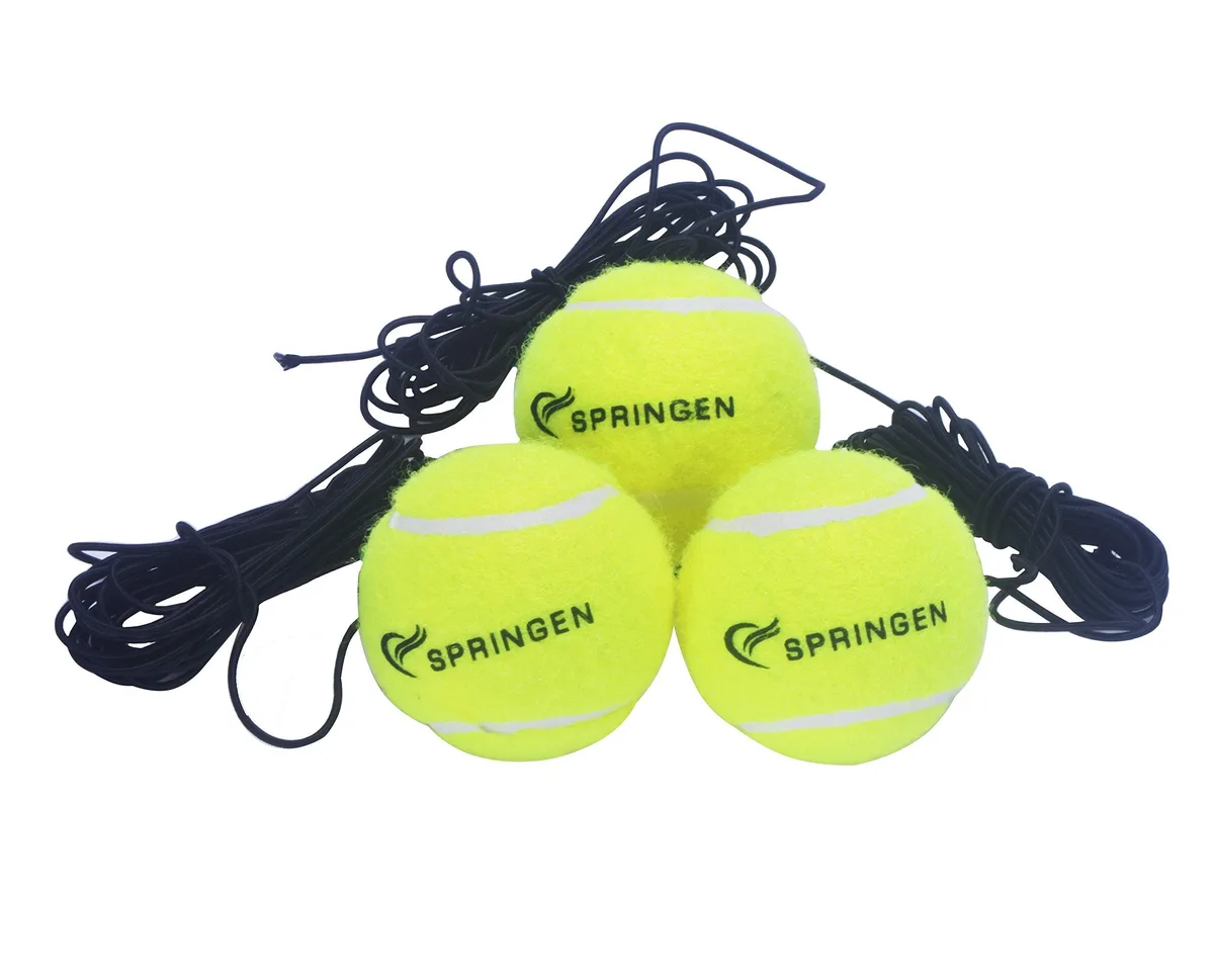 Three yellow tennis balls each attached to a string