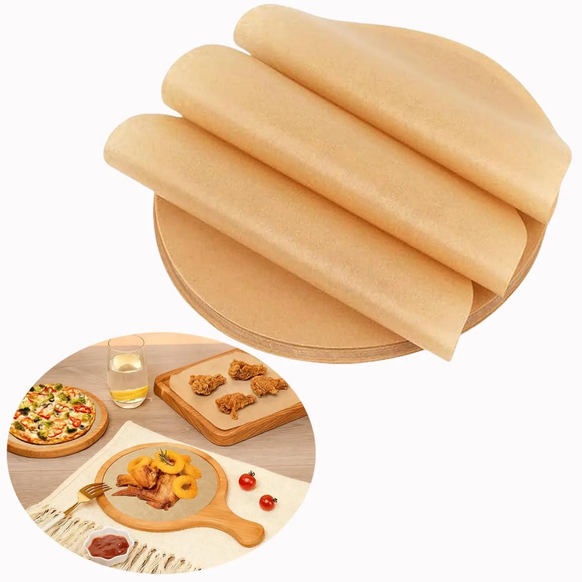 Stack of 200 round 9.5 inch parchment paper sheets, light brown finish
