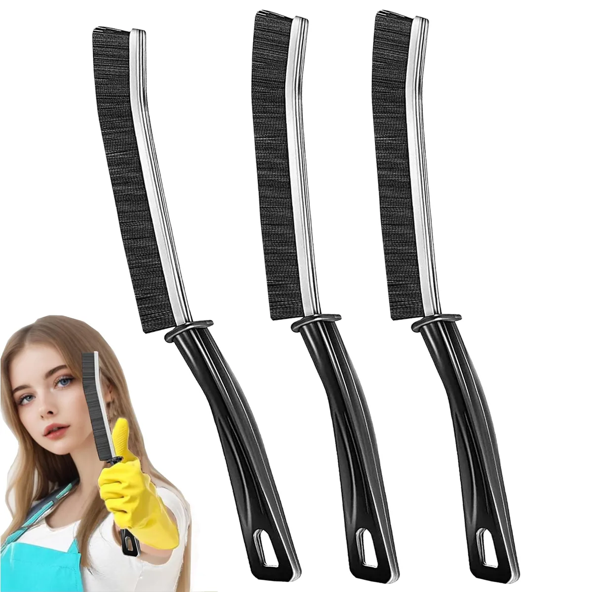 Three hard-bristled crevice brushes with ergonomic handles
