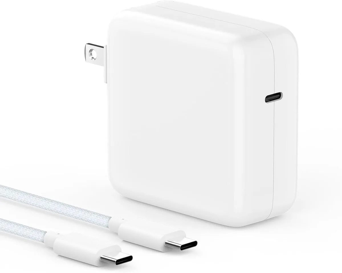 Compact white USB-C power brick with braided cable