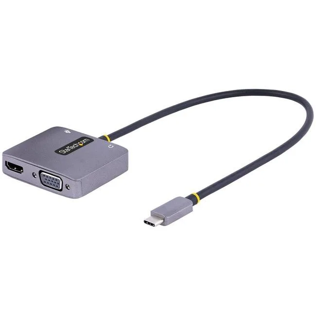 Compact USB-C multiport adapter with short attached cable, HDMI and VGA ports, USB-C power pass-through and 3.5 mm audio jack