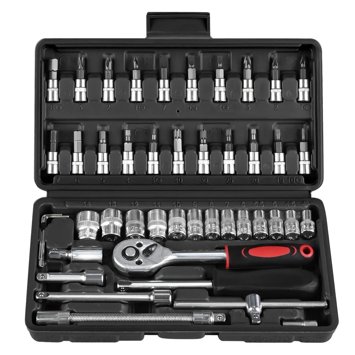Black carbon steel 46-piece socket ratchet set in storage case