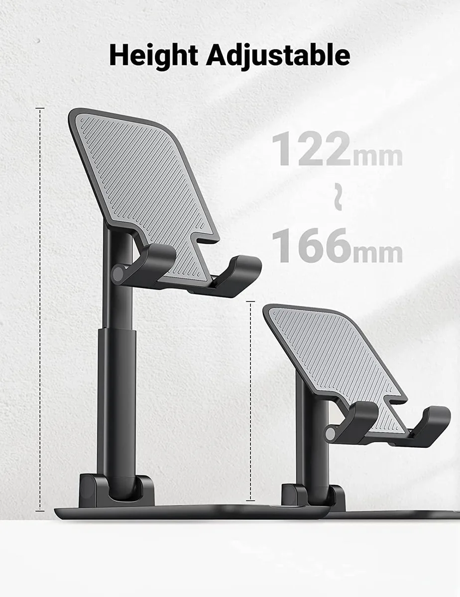 Black foldable phone stand with adjustable aluminium arm and weighted base