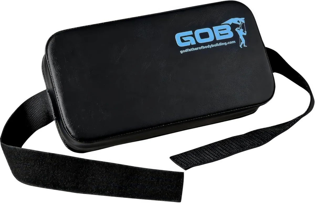 Rectangular black weight-lifting pad with securing straps