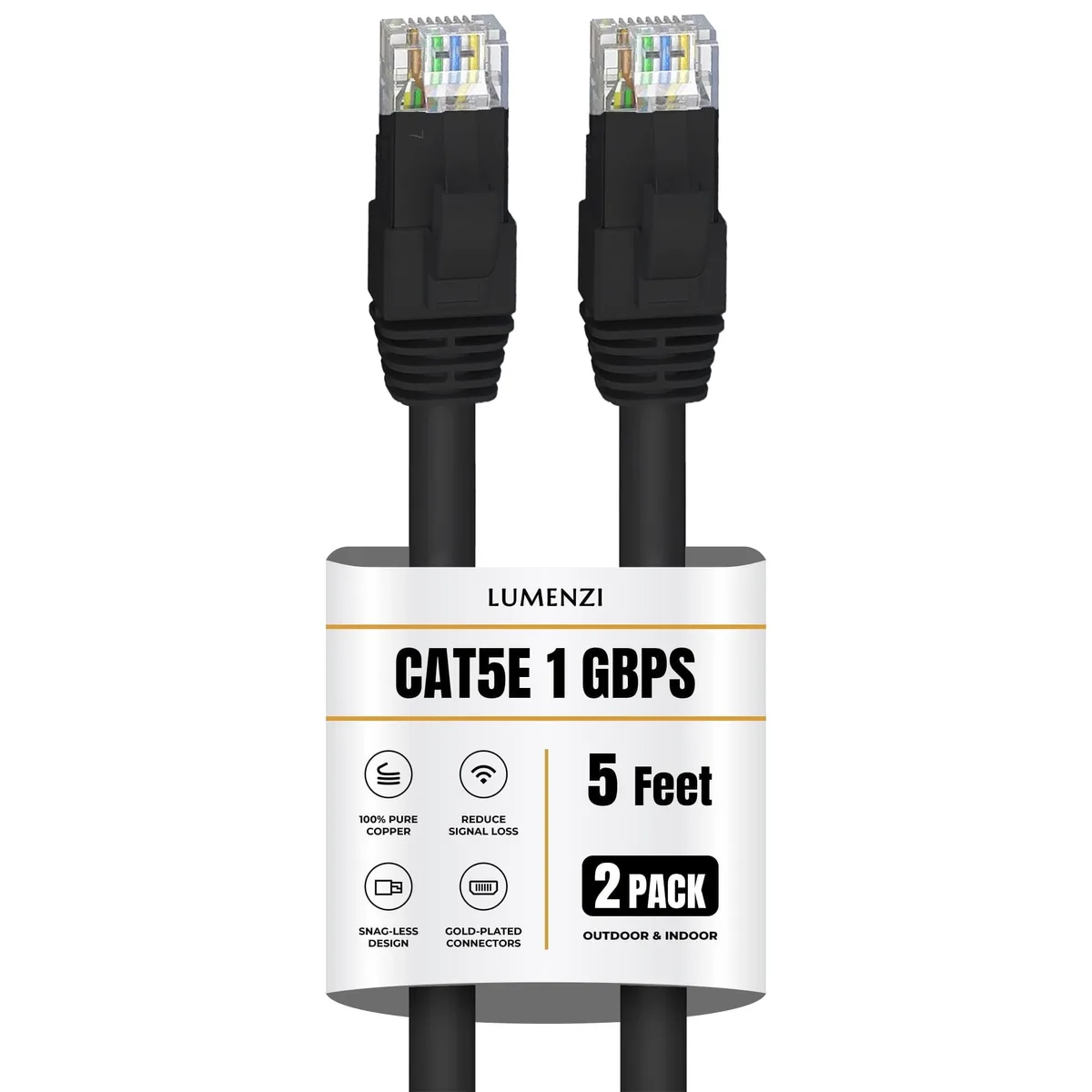 Lumenzi Lumenzi EC-5E-5-BK-2 Cat 5e Ethernet Cable 5 FT Black 2 Pack 350 MHz — product photo