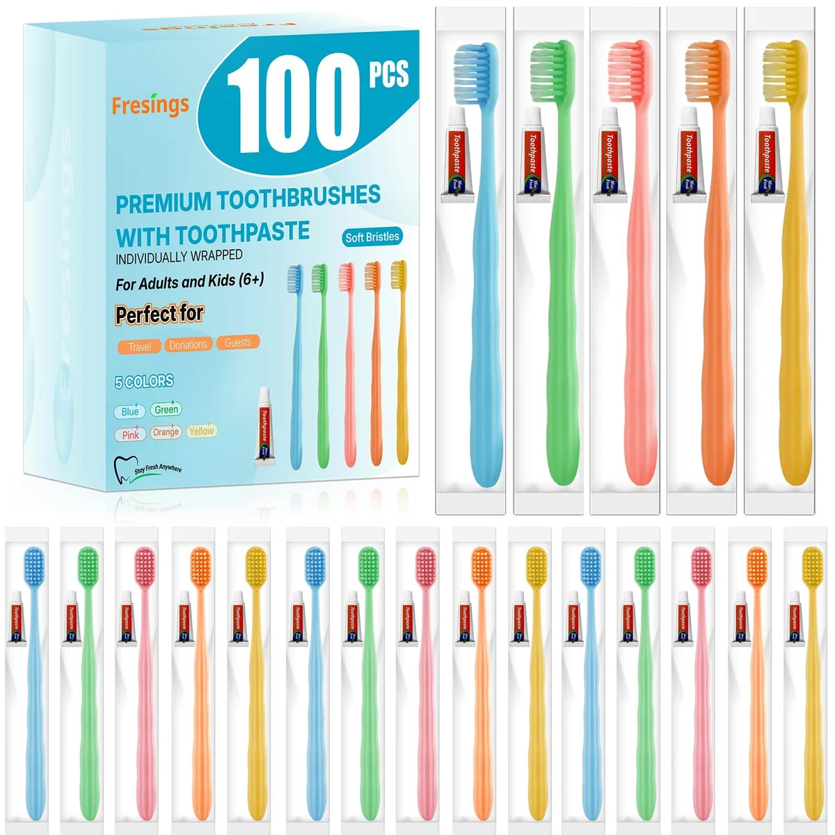 Box of 100 individually wrapped multicolor toothbrushes with 3g toothpaste tubes