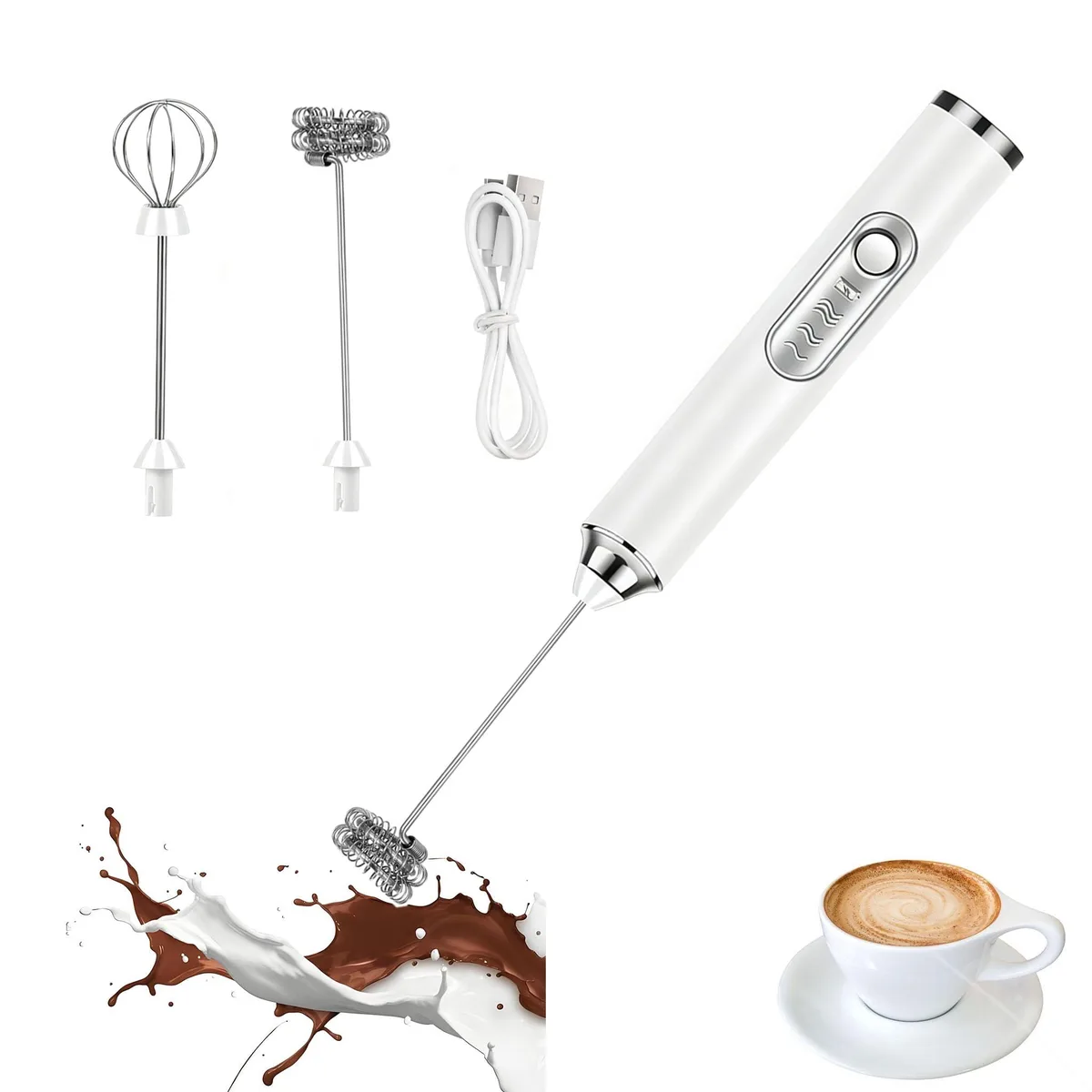 White handheld electric whisk with two detachable heads and a matching stand