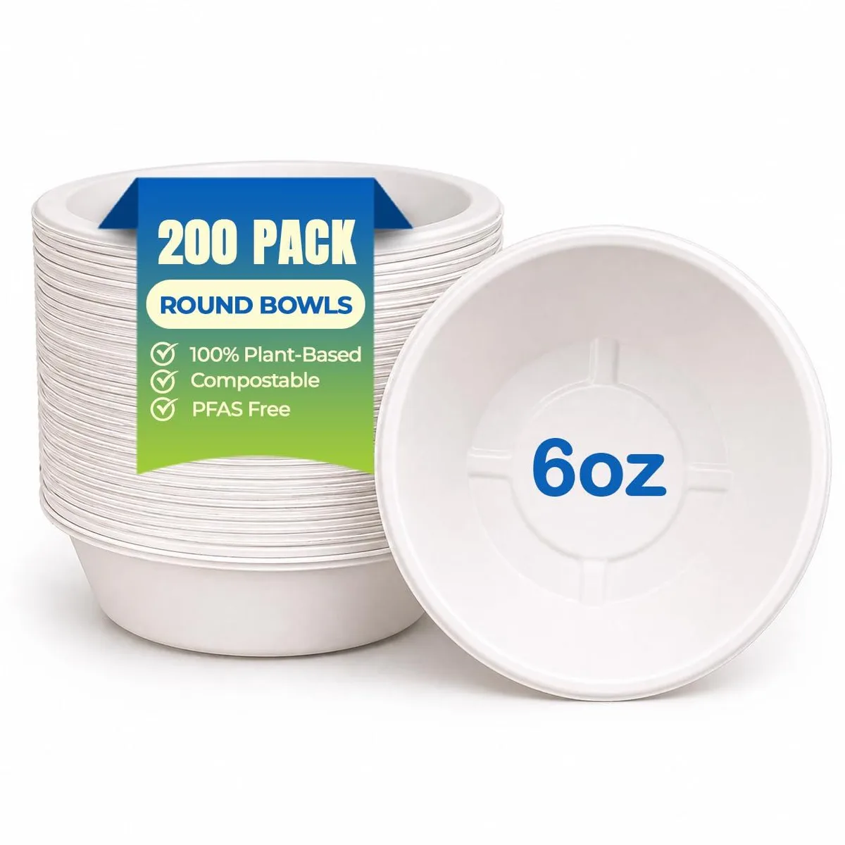 Stack of round brown compostable bowls in bulk packaging