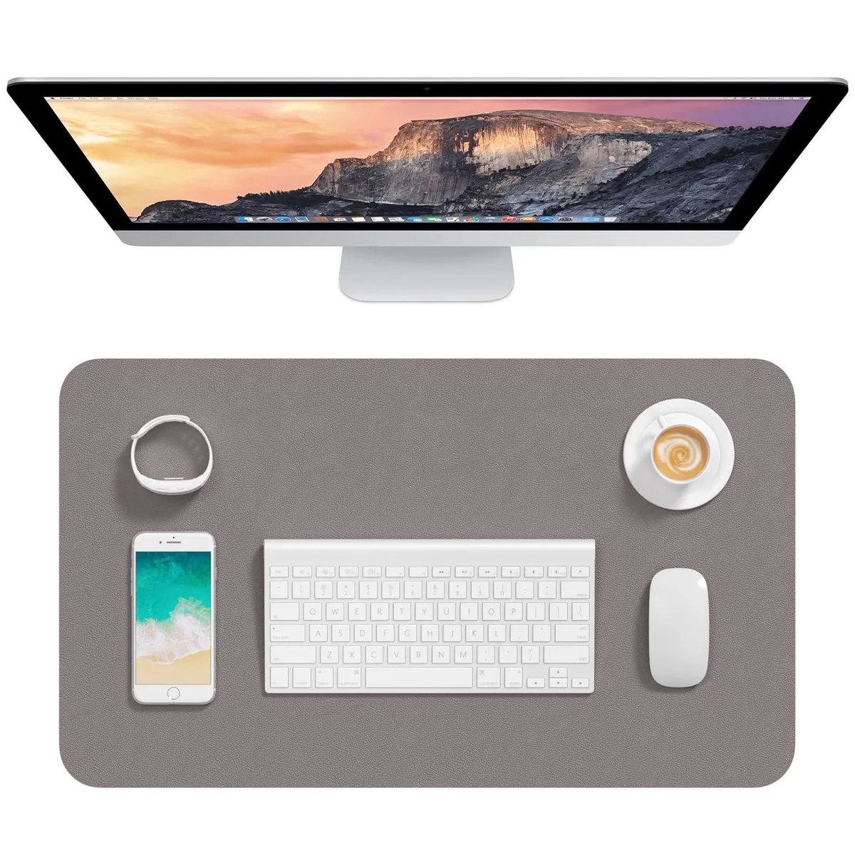 Light gray rectangular desk pad, smooth faux leather surface, thin profile