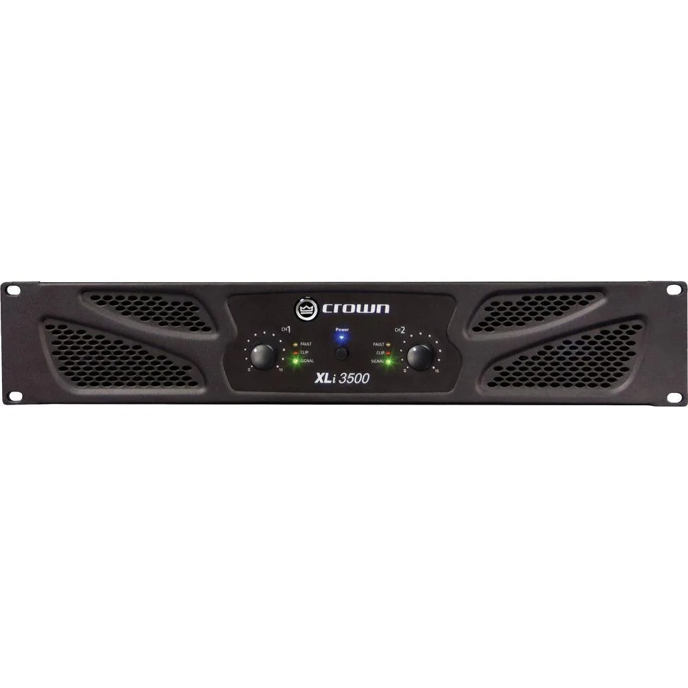 Black rack-mount stereo power amplifier with front knobs and LED indicators