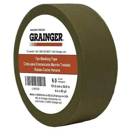 Roll of tan packaging tape, four inches wide, on a cardboard core