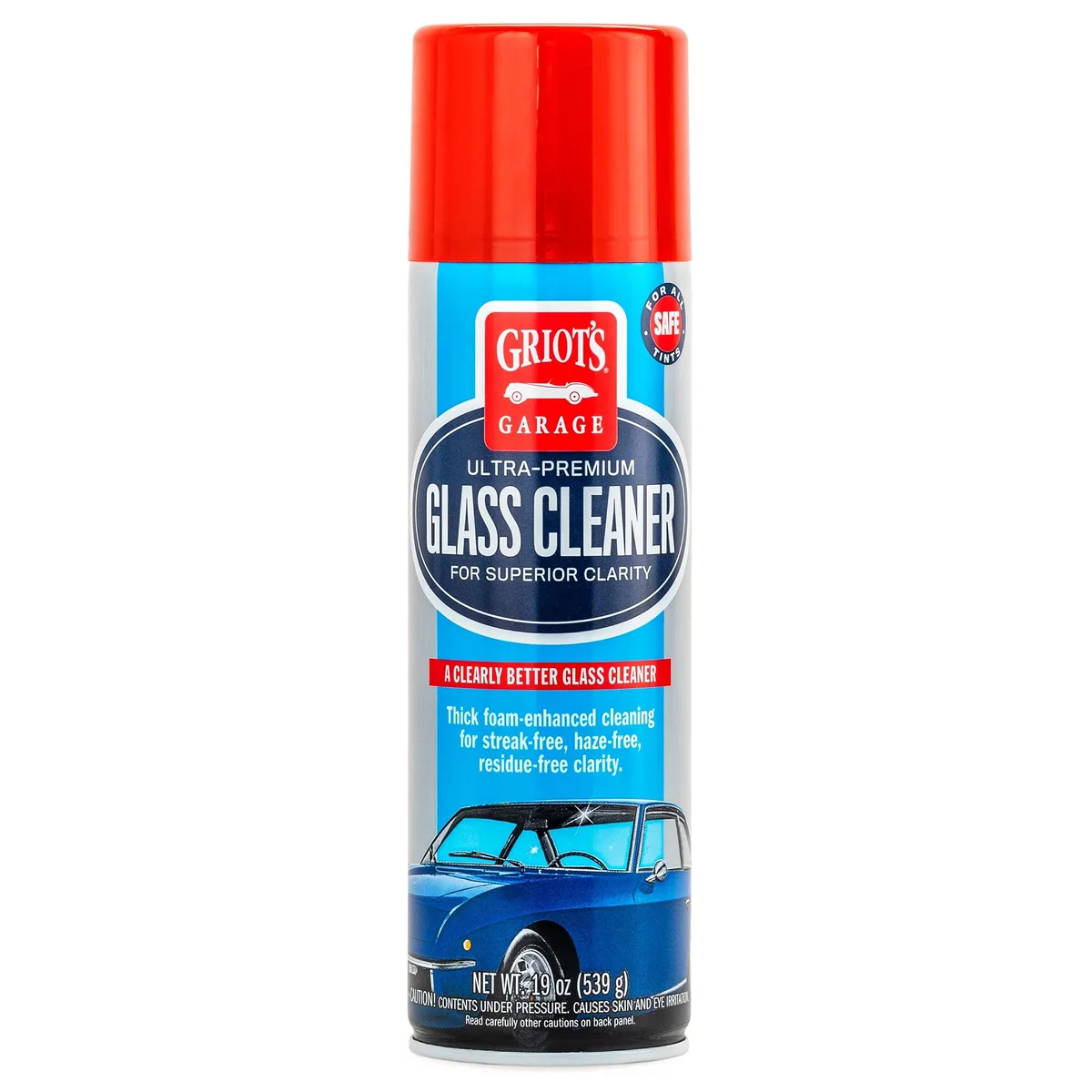 White 19 oz aerosol can labeled Metra 10998 foaming glass cleaner