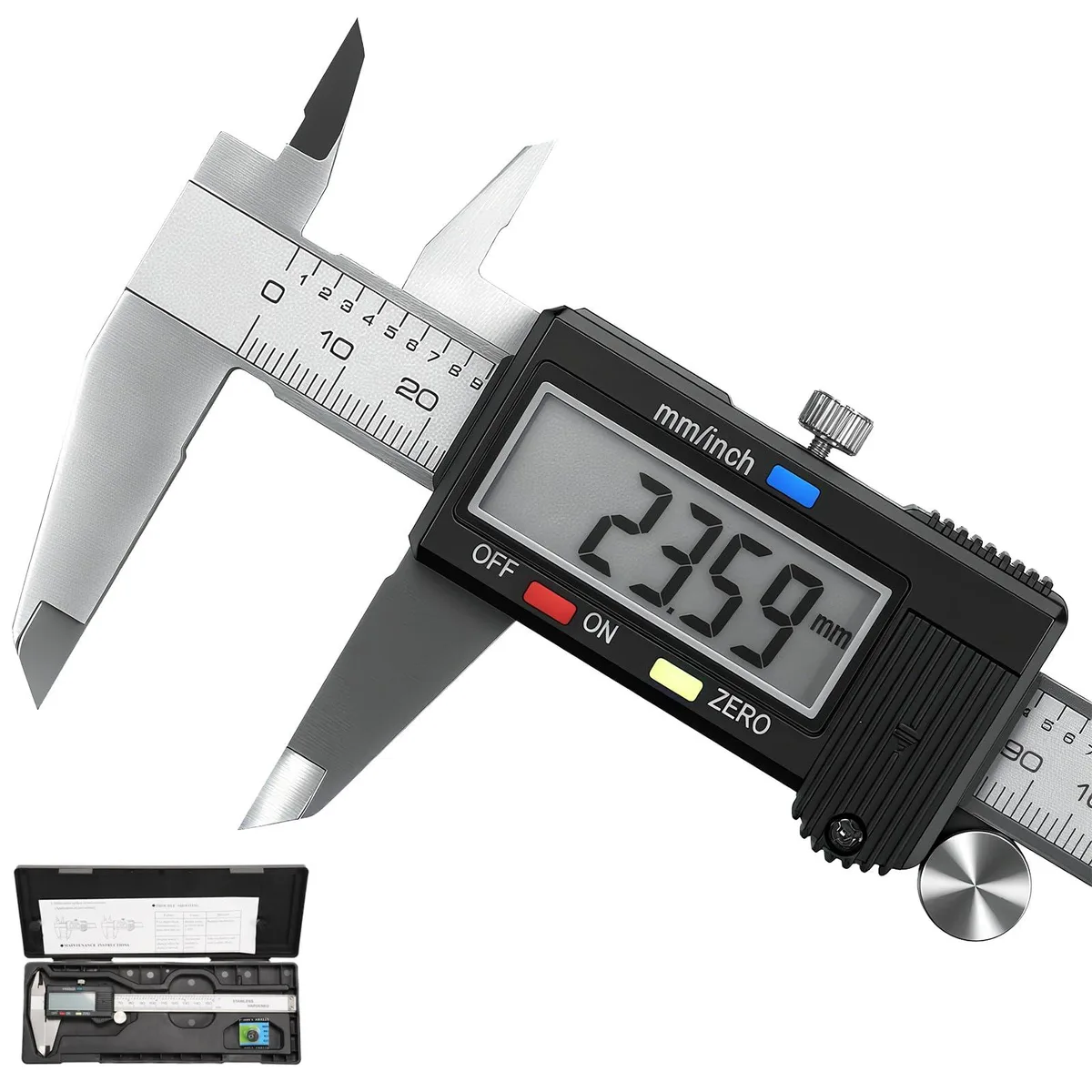 Stainless steel digital caliper with large LCD screen and protective case