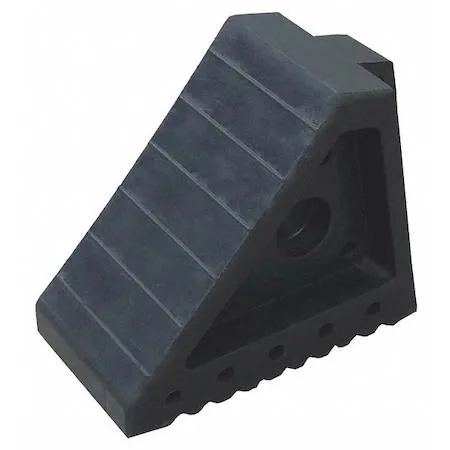 Black moulded rubber wheel chock with grooved tread and carrying handle