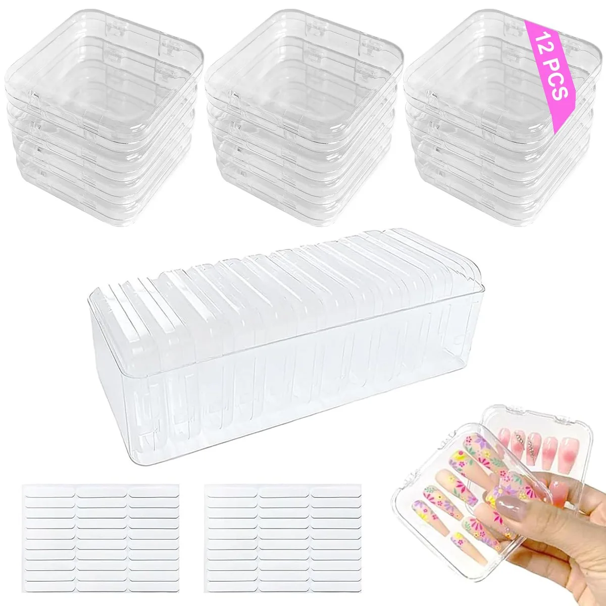 Blue transparent acrylic nail storage case with twelve square compartments and lift-off lid