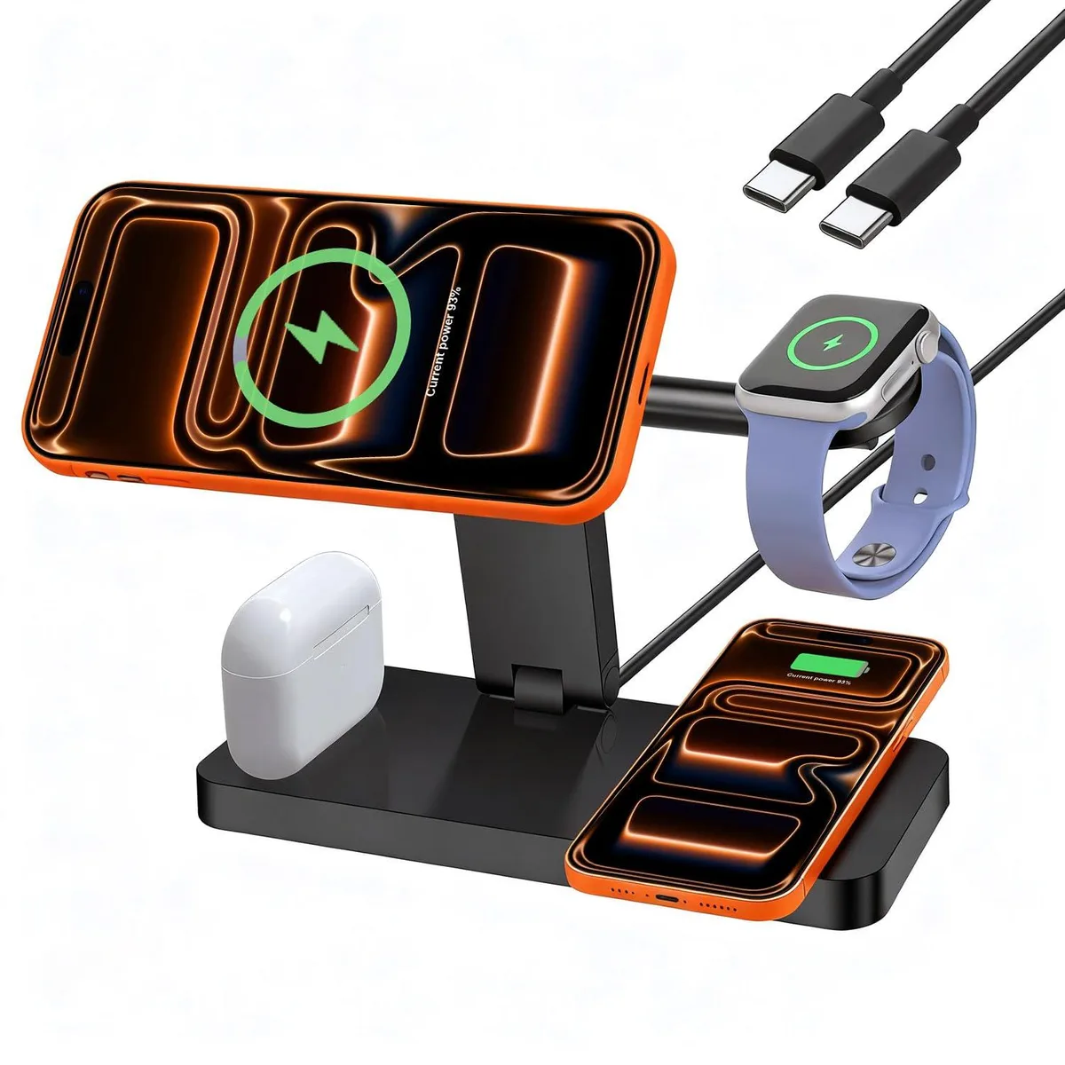 Foldable 4-in-1 magnetic wireless charging stand with phone, watch and earbud pads