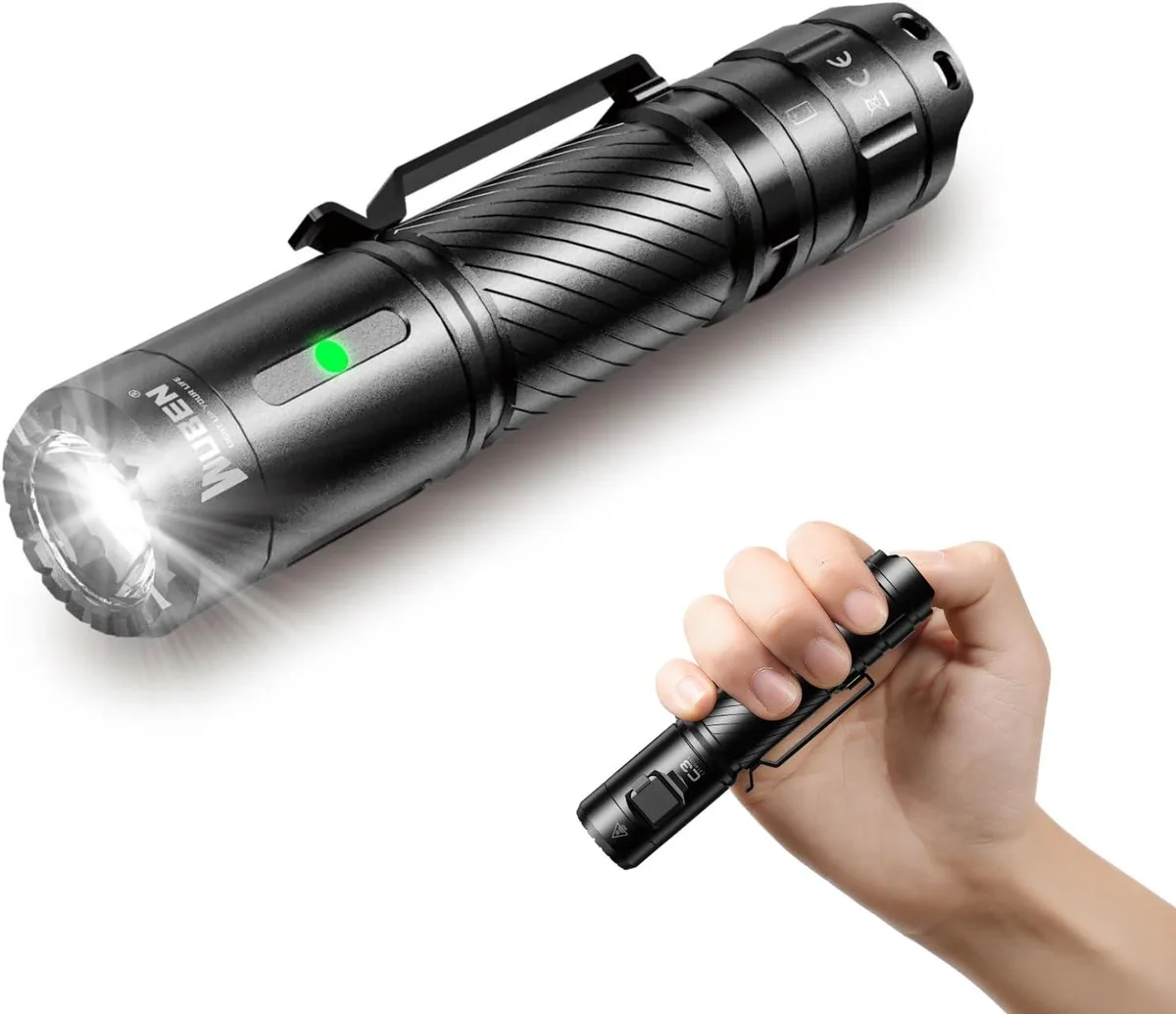 Compact cylindrical flashlight with textured grey aluminium body, distinctive faceted head and USB-C port visible near the tail
