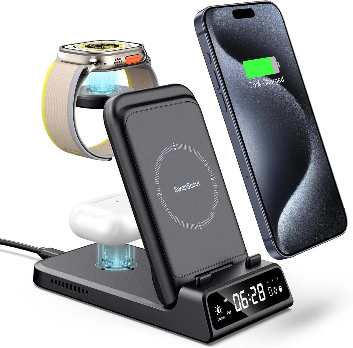 Foldable 4-in-1 wireless charger stand with stop button, matte finish