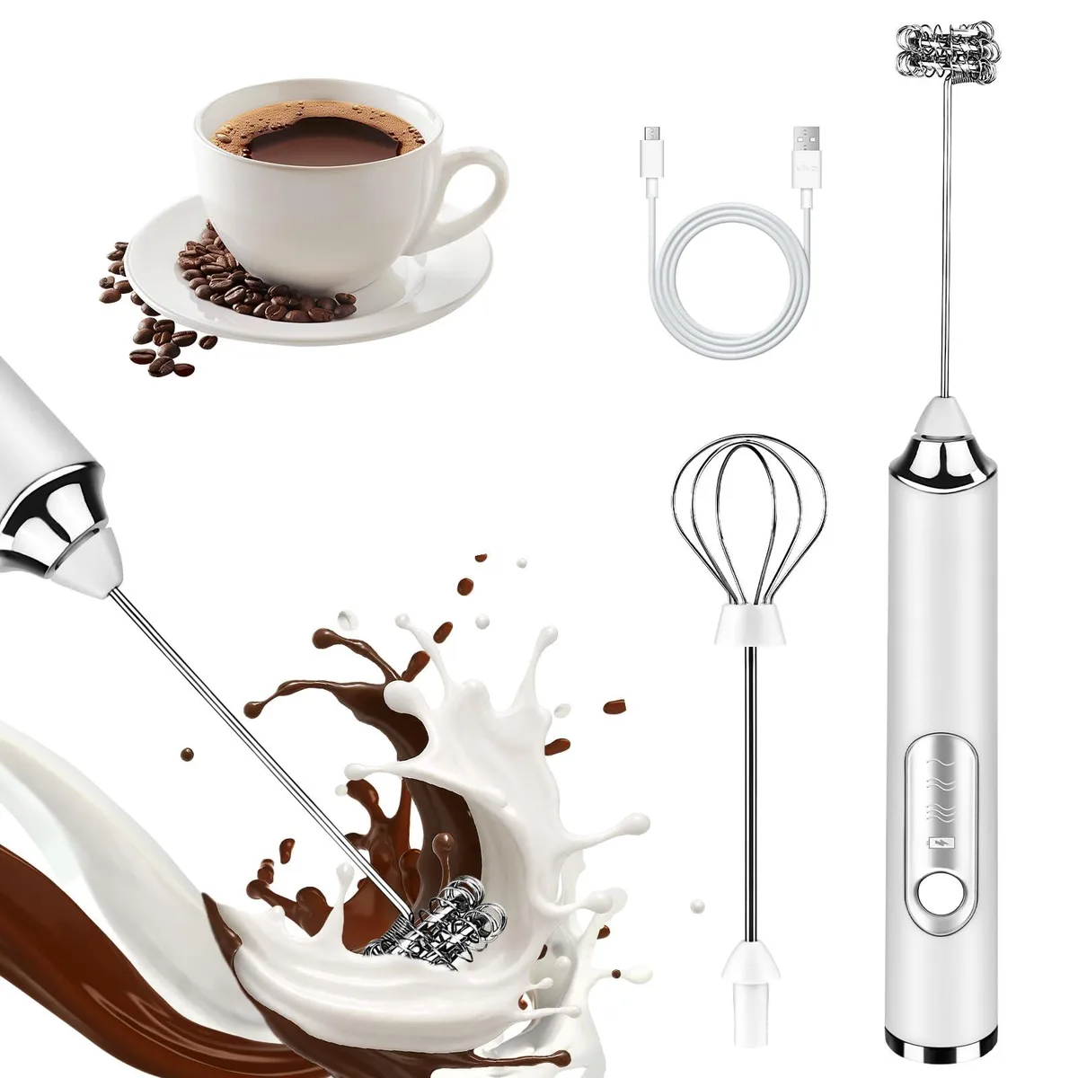 Brentwood MilkFrother SpaceInside DDQ001-W White 3-speed USB rechargeable 1500mAh 2 whisks .3 lb — product photo