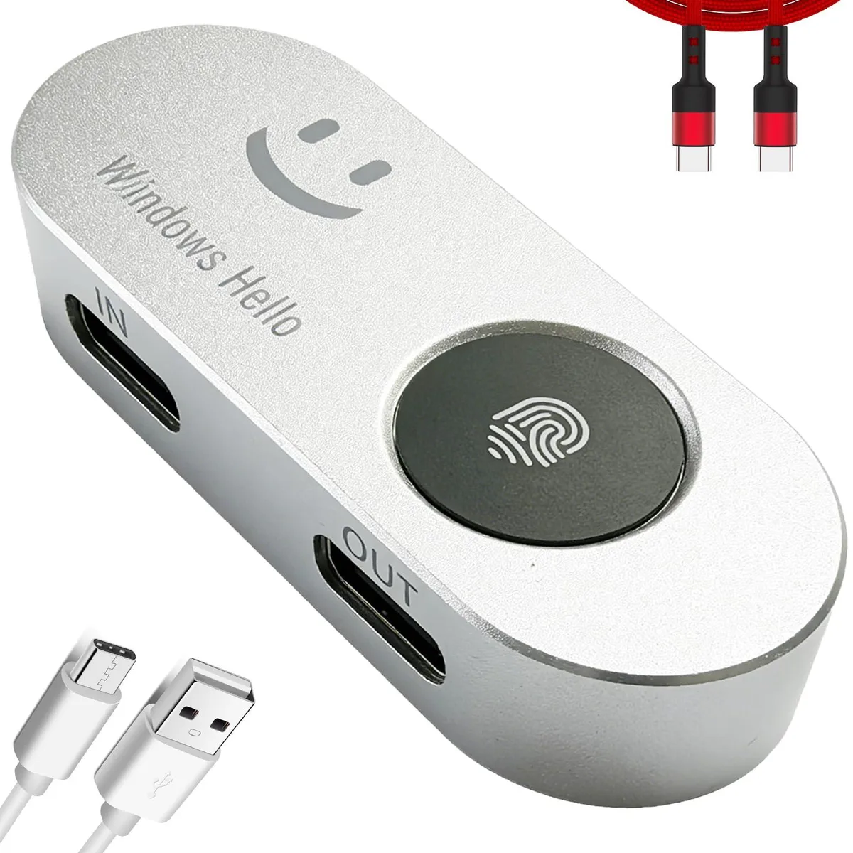 Small rectangular USB-C fingerprint reader with aluminum finish