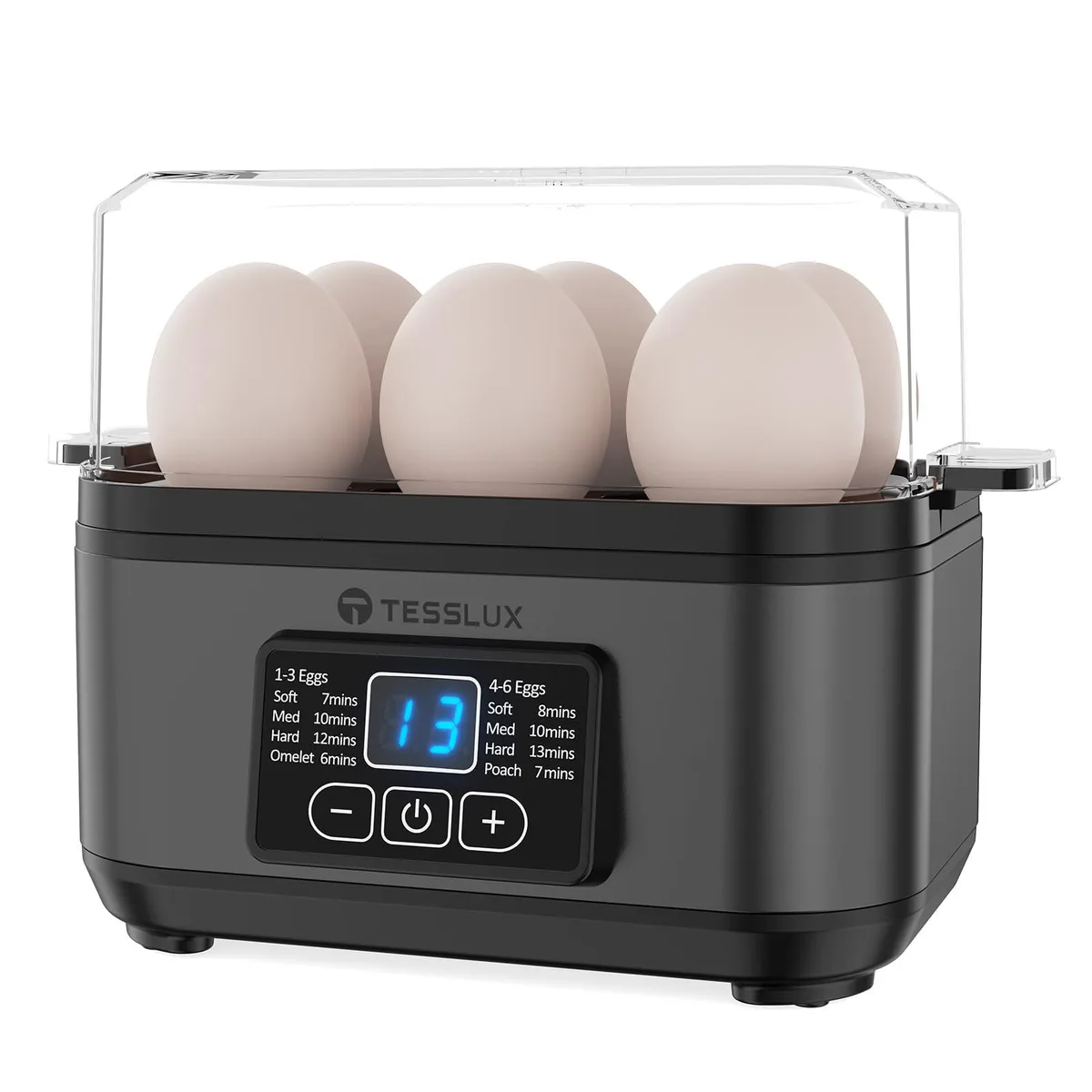 Gray electric egg cooker with digital display, 6.3×5.3×8.3 inches