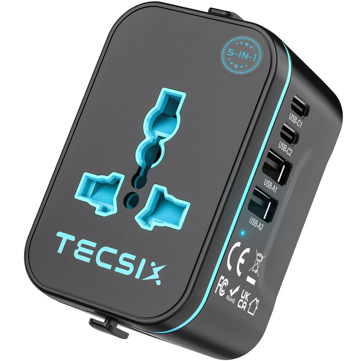 Compact black and blue travel adapter with foldable plugs, two USB-C and two USB-A ports, one AC outlet