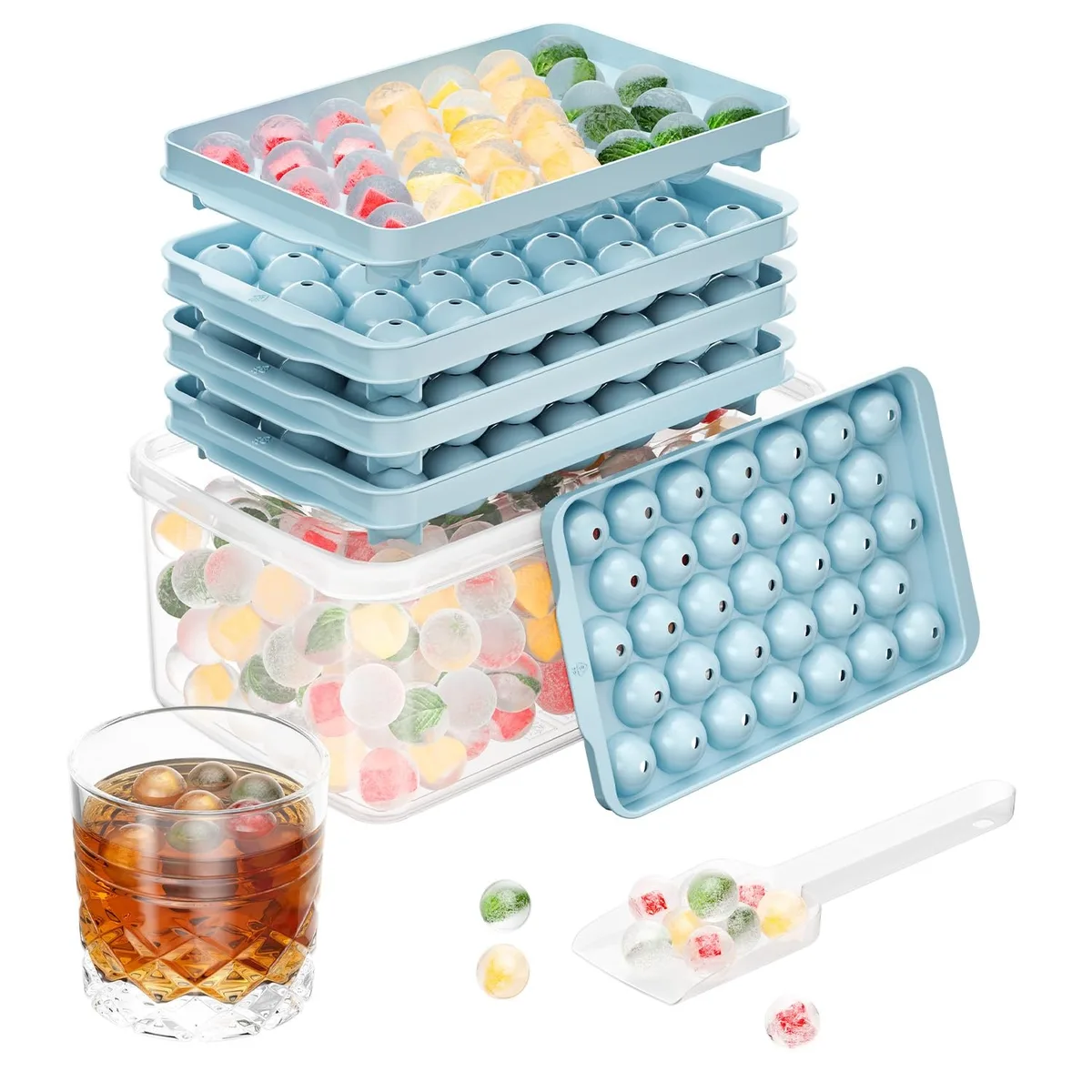 Three blue round ice-cube trays with lids, bin and scoop