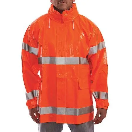 Orange PVC rain jacket with zipper storm flap and packable hood