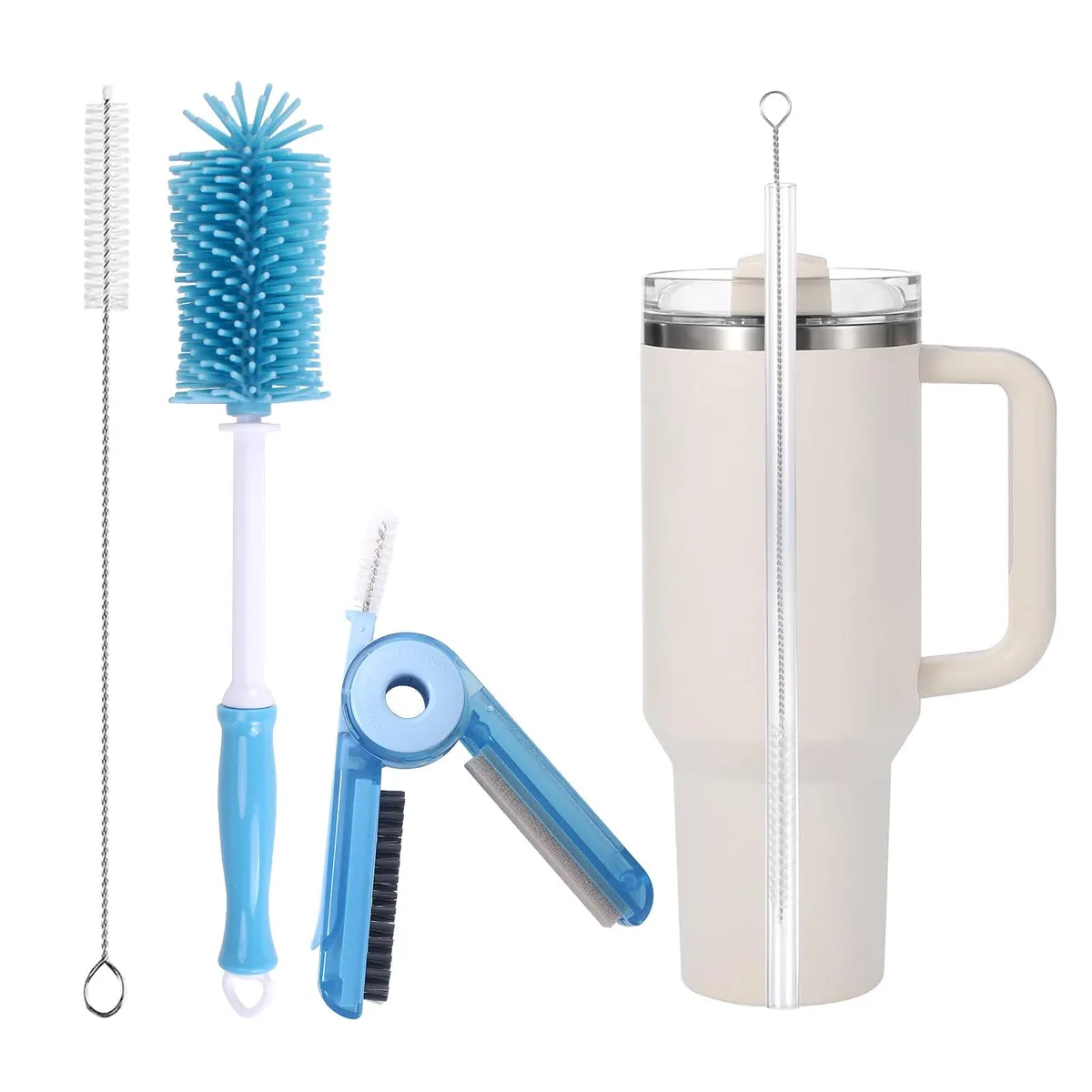 Three-piece cup cleaning set with long-handled brushes and straw cleaners