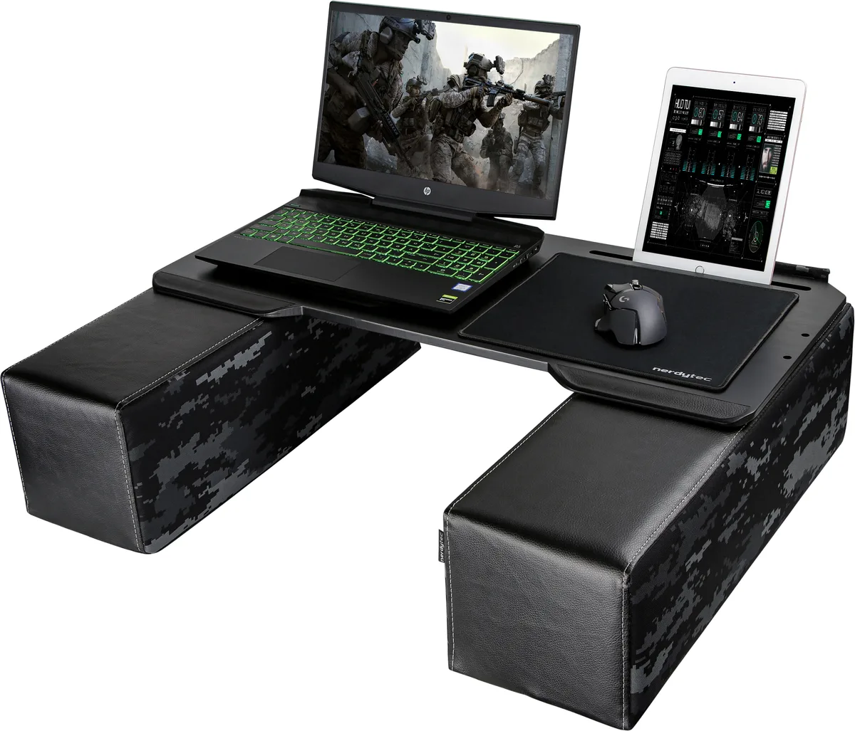 Bamboo lap desk with side cushions, ventilation grille, mouse pad and tablet holder