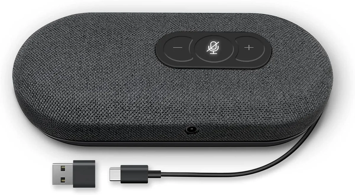 Compact USB speakerphone with 360-degree microphone array and fabric finish