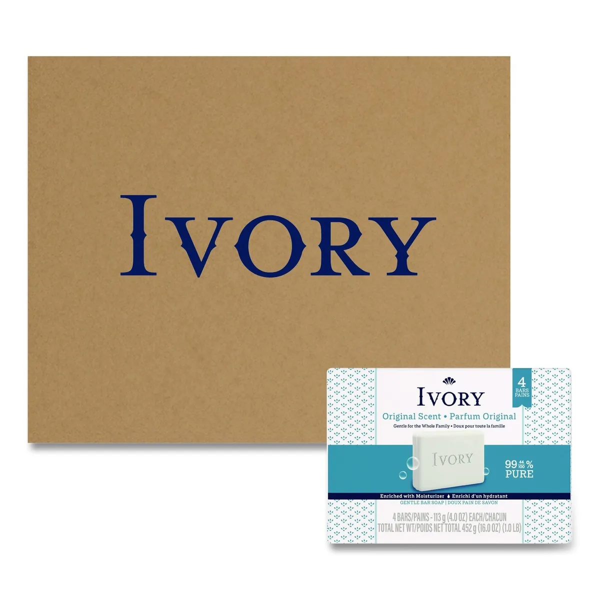 Four shrink-wrapped white Ivory soap bars, 4 oz each