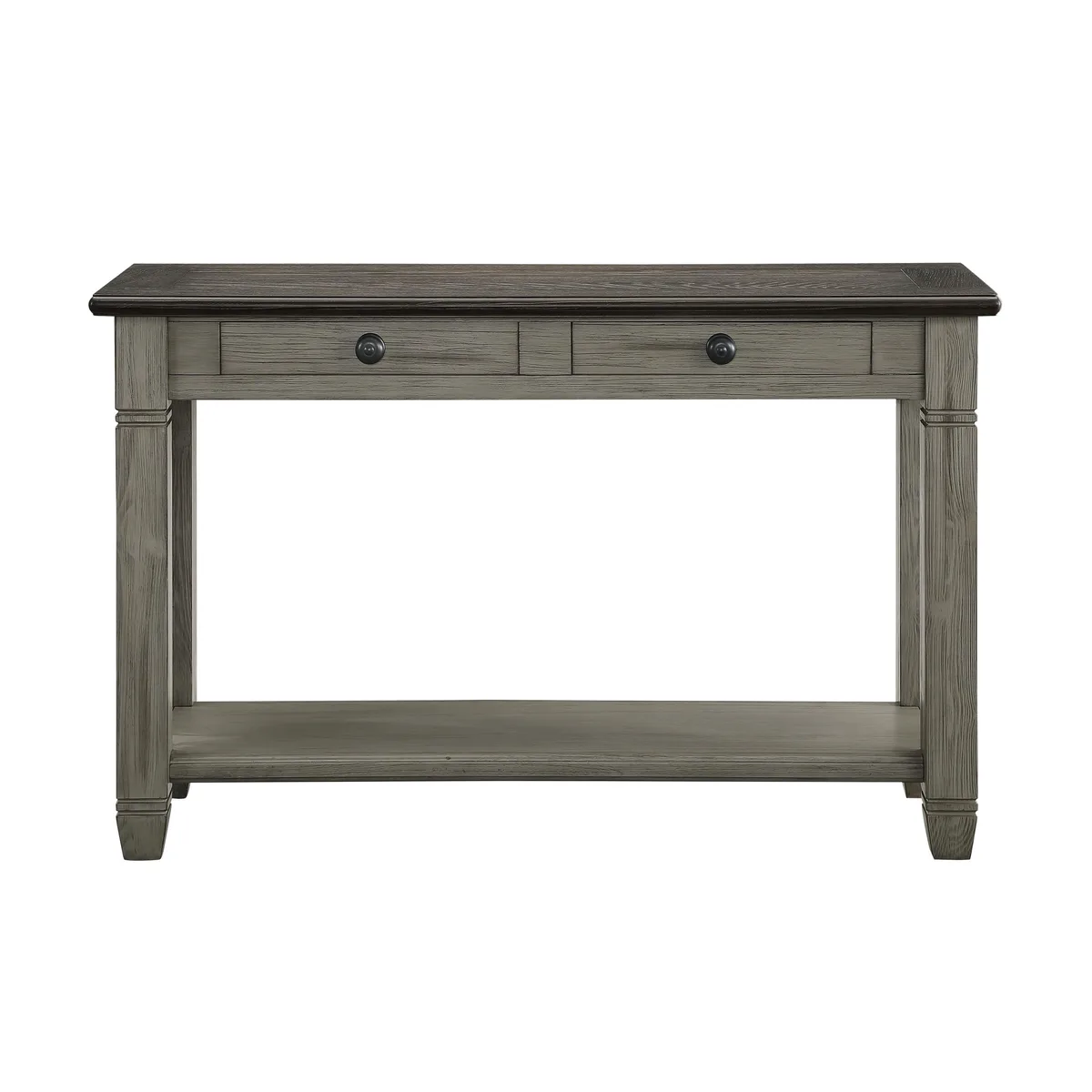Wooden sofa table in coffee and antique gray with two drawers and lower shelf