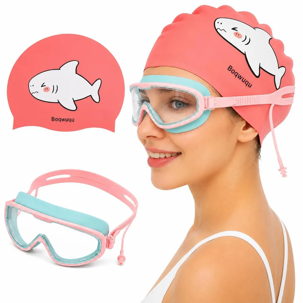  Boqwuqu Swim Cap and Goggles Set Pink Silicone Shark — product photo