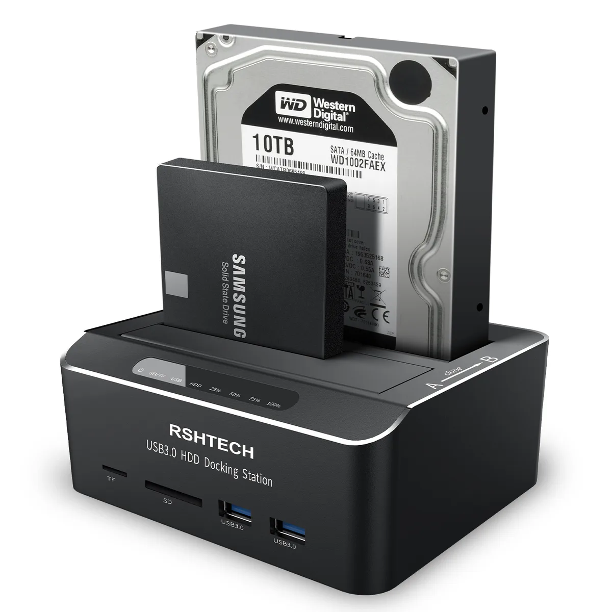 RSHTECH RSHTECH USB 3.0 Dual Bay SATA Dock 2x16TB SD TF Card Reader Black — product photo