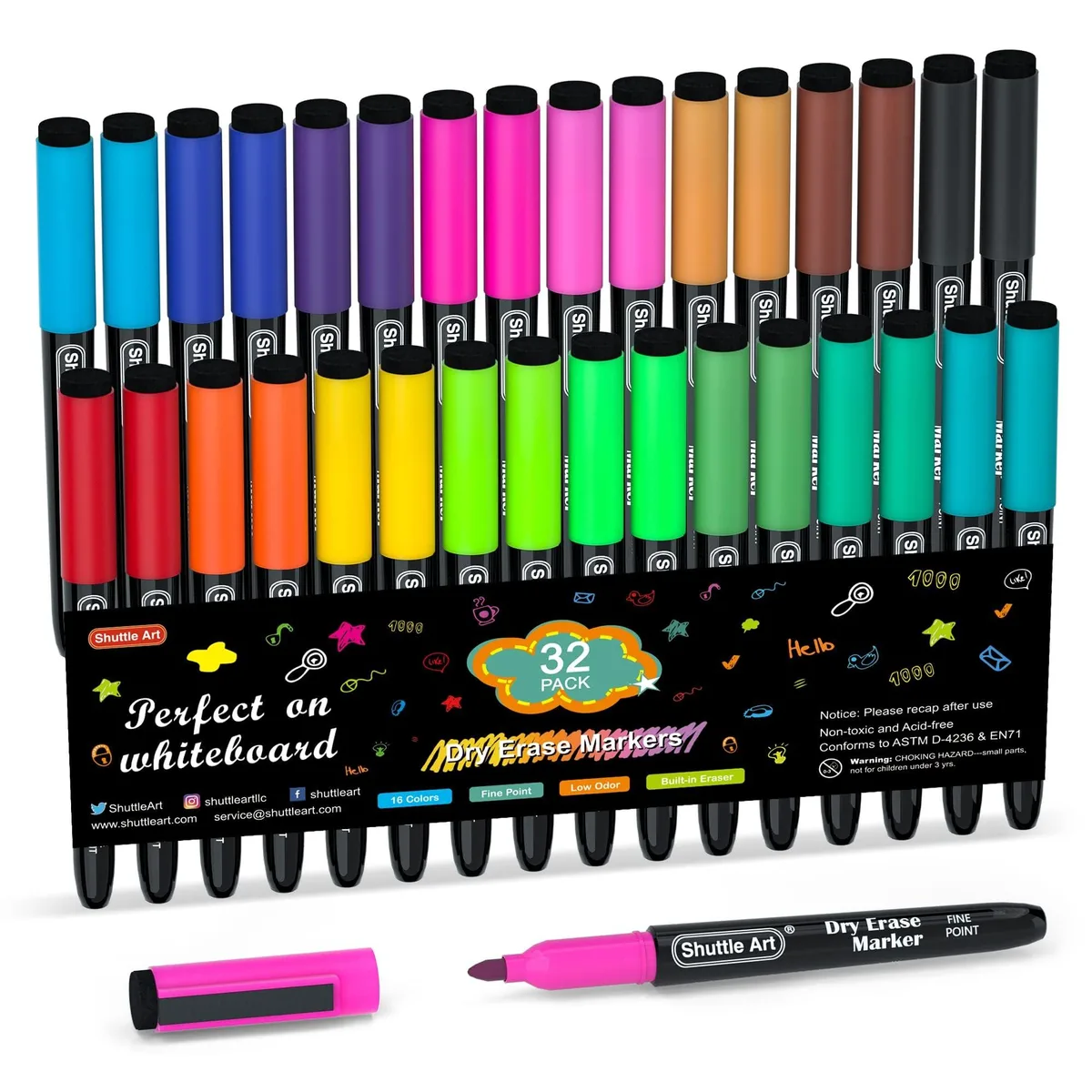  Shuttle Art 32 Pack 16 Colors Magnetic Dry Erase Markers with Eraser — product photo
