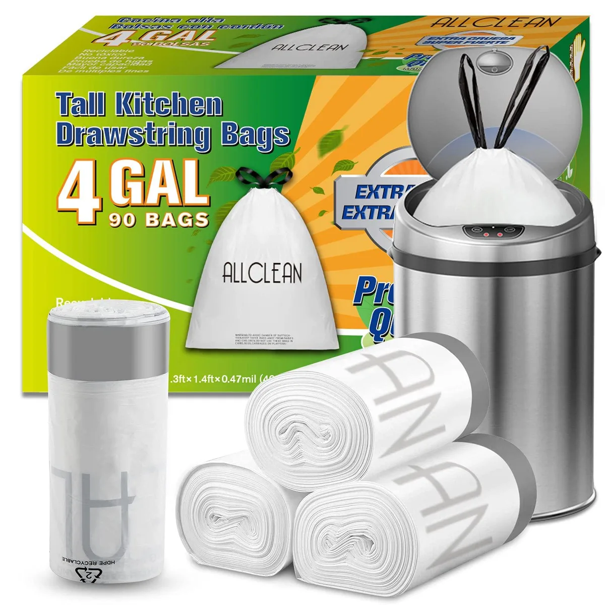White 4-gallon drawstring trash bags on a roll, translucent plastic with black closure strings