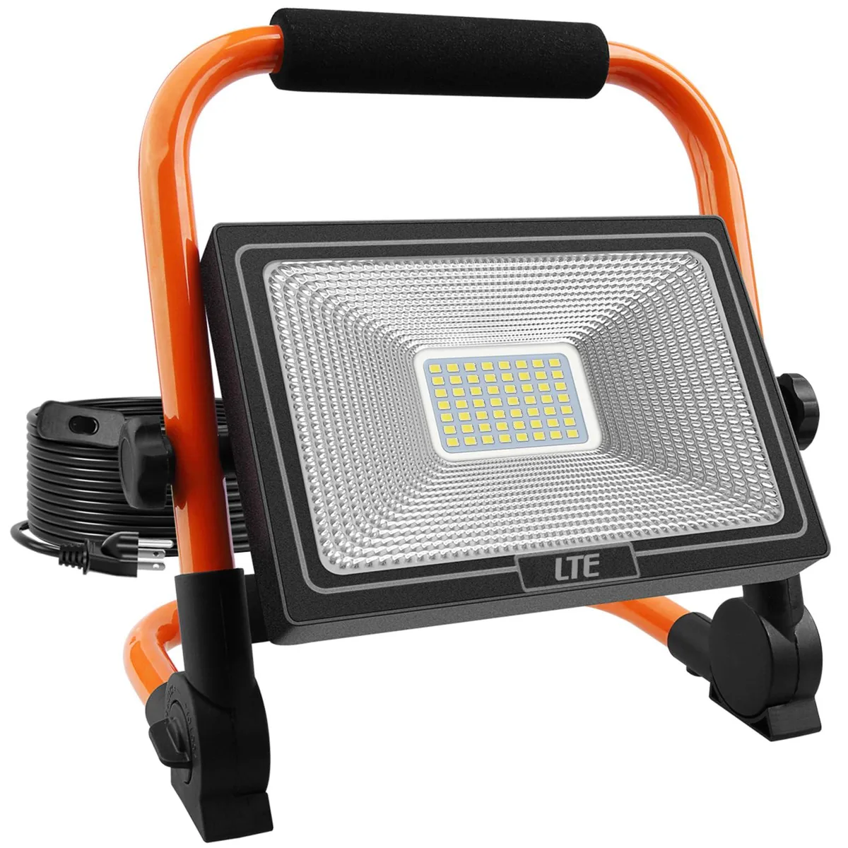 Yellow rectangular LED floodlight on a metal U-bracket with a black handle and long power cable