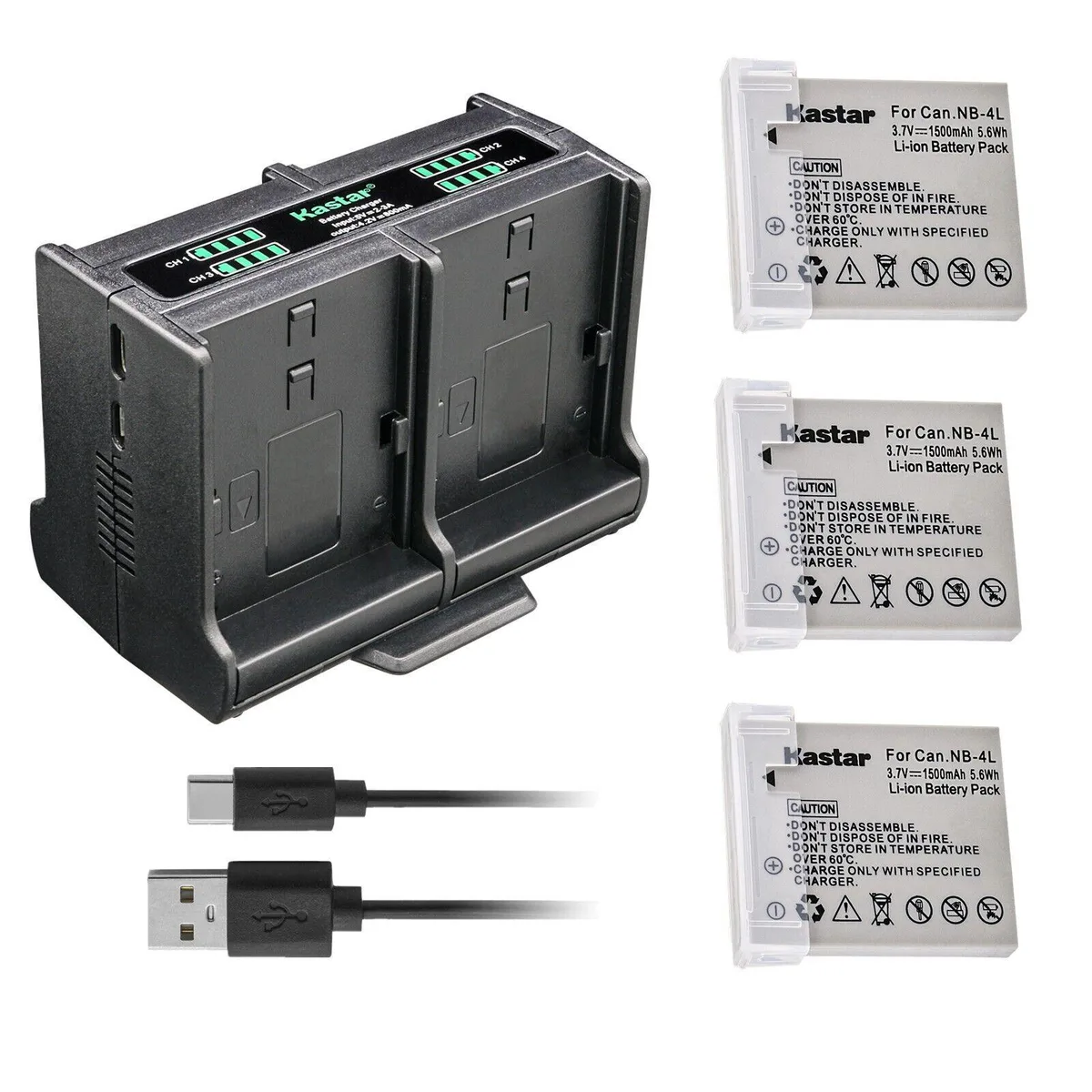 Kastar Kastar NB-4L 3-pack battery and quadruple charger — product photo