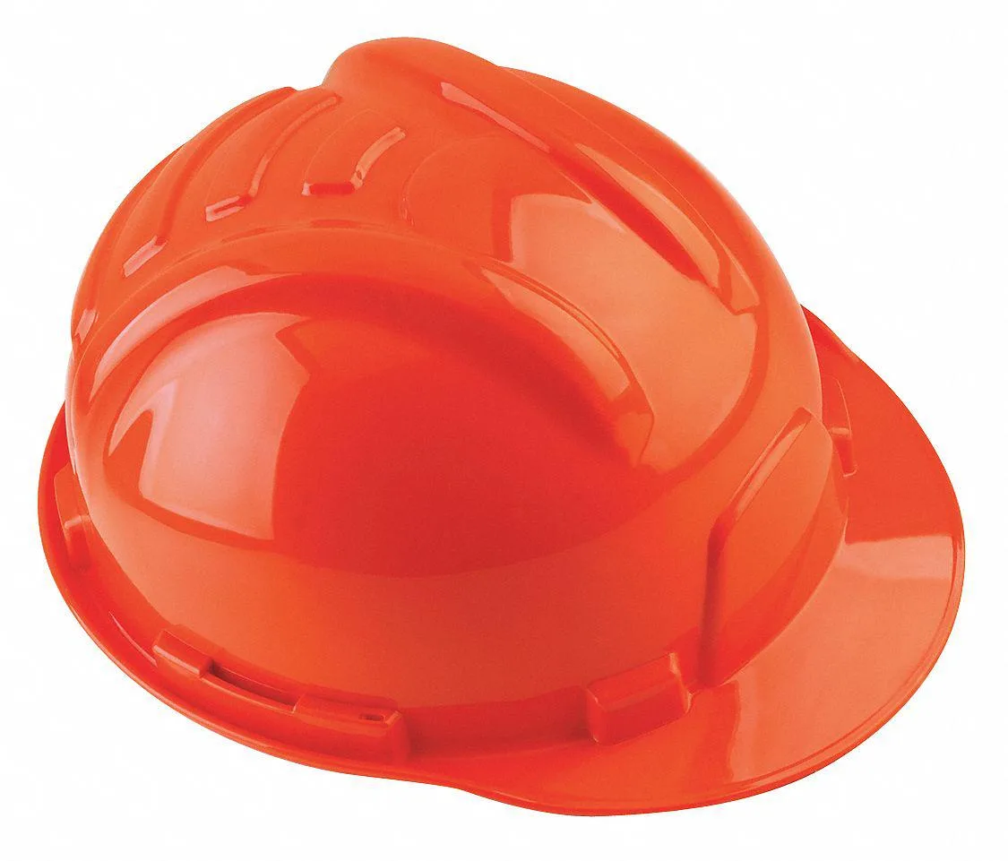 Orange polyethylene hard hat with front brim and six-point ratchet suspension