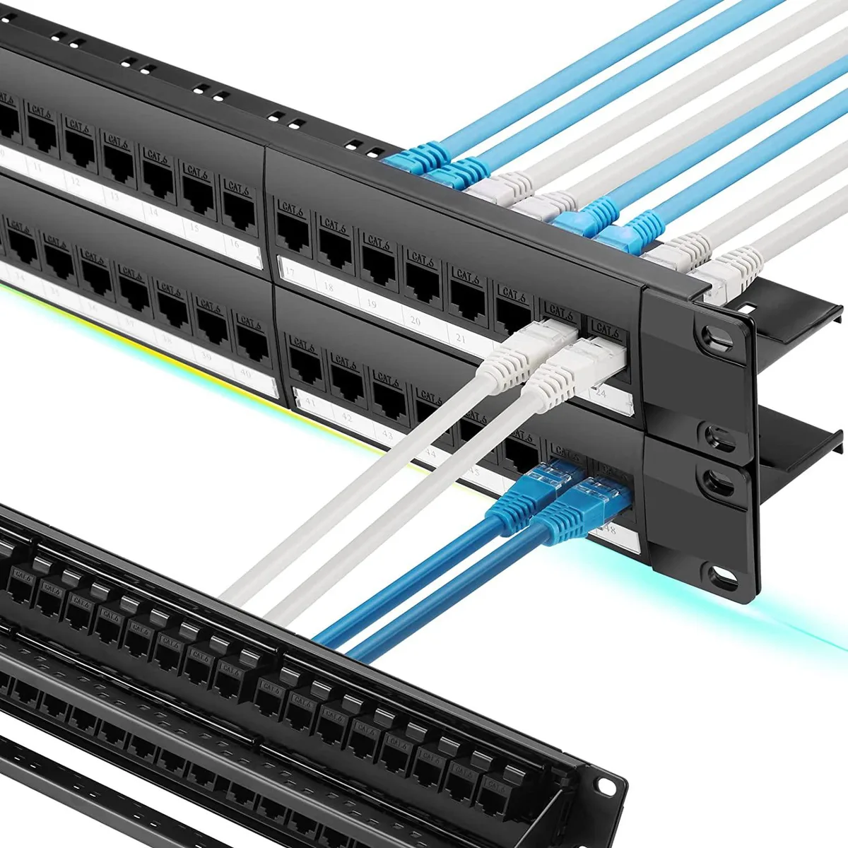 48-port Cat6 patch panel with inline couplers, 1U 19-inch rackmount, steel back bar, gold-plated RJ45